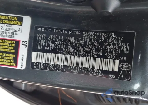 2012 Toyota Corolla Le z USA, uszkodzony, nr VIN 2T1BU4EE1CC913496